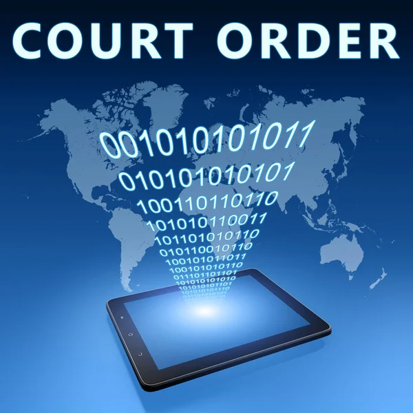 Court Order Tekstconcept Met Tablet Computer Blauwe Wolrd Kaart Achtergrond — Stockfoto