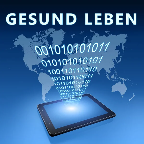 Gesund Leben 健康的な生活のためのドイツ語の単語 青のオオカミの地図の背景にタブレットコンピュータとテキストコンセプト 3Dレンダリングイラスト — ストック写真