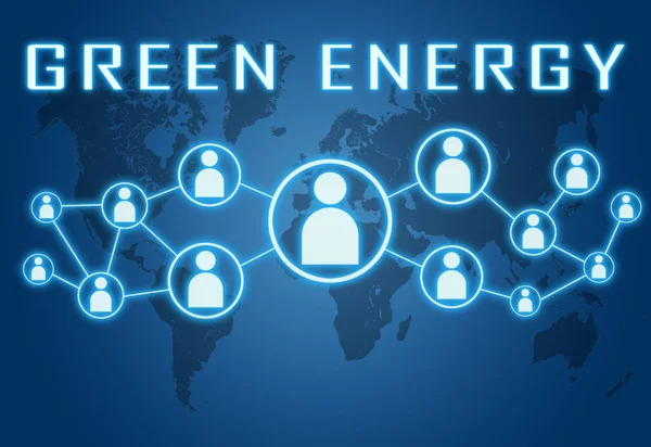Grön Energi Text Koncept Blå Bakgrund Med Världskarta Och Sociala — Stockfoto