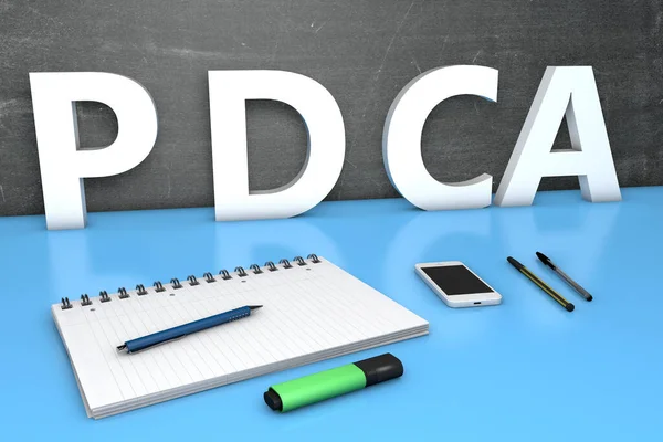 Pdca Plan Check Act Text Conception Chalkboard Notebook Pens Mobile — 스톡 사진