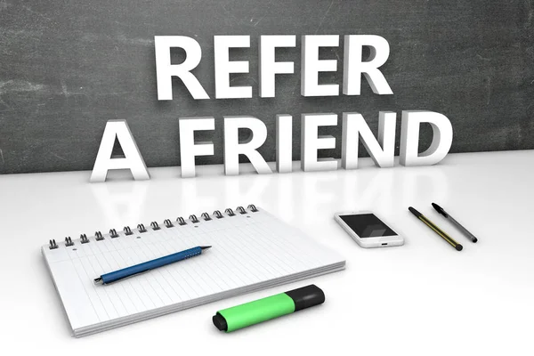 Refer Friend Текстовая Концепция Доской Ноутбуком Ручкой Мобильным Телефоном Рендеринг — стоковое фото