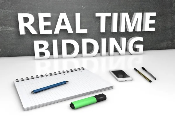 Rtb Real Time Bidding Text Concept Chalkboard Notebook Pens Mobile — Stock Photo, Image