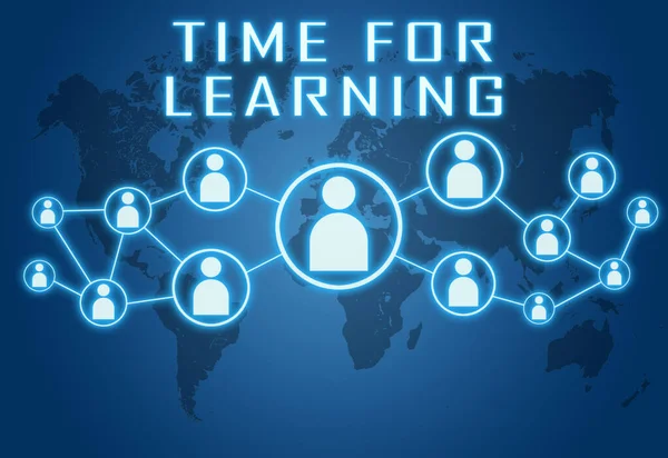Time Learning Koncept Textu Modrém Pozadí Mapou Světa Sociálními Ikonami — Stock fotografie