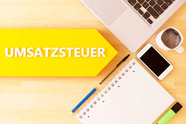 Umsatzsteuer 販売税や付加価値税のためのドイツ語の単語 ノートブック スマートフォン ペンとデスクトップ上のコーヒーマグカップとの線形テキスト矢印の概念 3Dレンダリングイラスト — ストック写真
