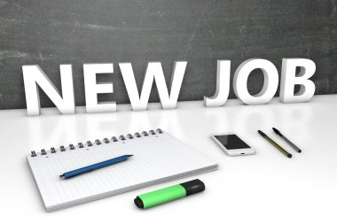 Yeni iş - karatahta, defter, kalem ve cep telefonlu metin kavramı. 3 Boyutlu resimleme.