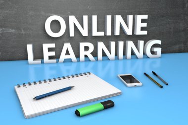 Çevrimiçi Öğrenme - karatahta, defter, kalem ve cep telefonlu metin kavramı. 3 Boyutlu resimleme.