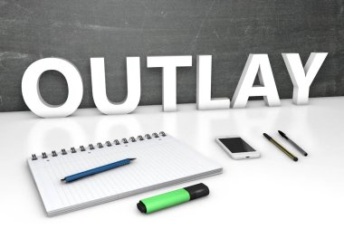 Masraflar - karatahta, defter, kalem ve cep telefonlu metin kavramı. 3 Boyutlu resimleme.