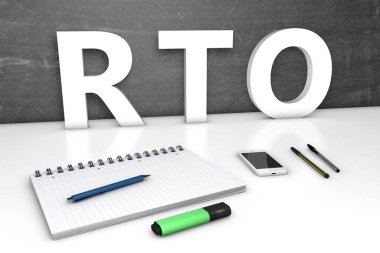 RTO - Kurtarma Zamanı Hedefi - karatahta, defter, kalem ve cep telefonlu metin kavramı. 3 Boyutlu resimleme.