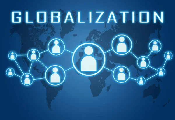 全球化 带有世界地图和社会图标的蓝色背景的文本概念 — 图库照片