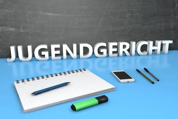 Jugendgericht German Word Juvenile Court Text Concept Chalkboard Notebook Pens — Stock Photo, Image