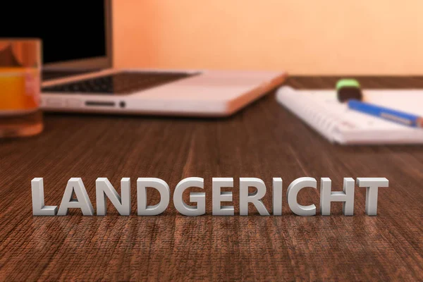 Landgericht Buchstaben Auf Holzschreibtisch Mit Laptop Und Notizbuch Darstellung — Stockfoto