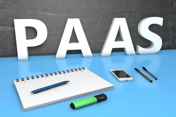 Paas Platform Service Text Concept Chalkboard Notebook Pen Mobile Phone — 图库照片