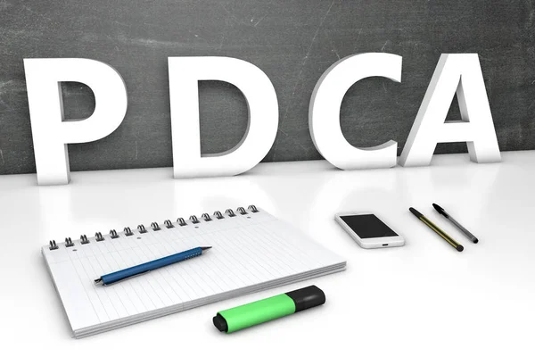 Pdca Plan Check Act Textkonzept Mit Tafel Notizbuch Stiften Und — Stockfoto