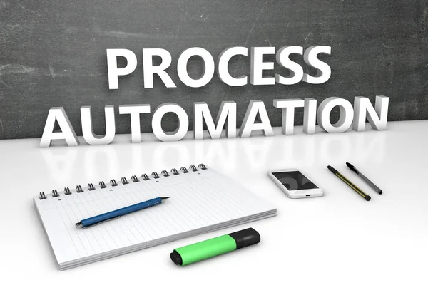 Process Automation Textkoncept Med Skrivtavla Anteckningsbok Pennor Och Mobiltelefon Render — Stockfoto