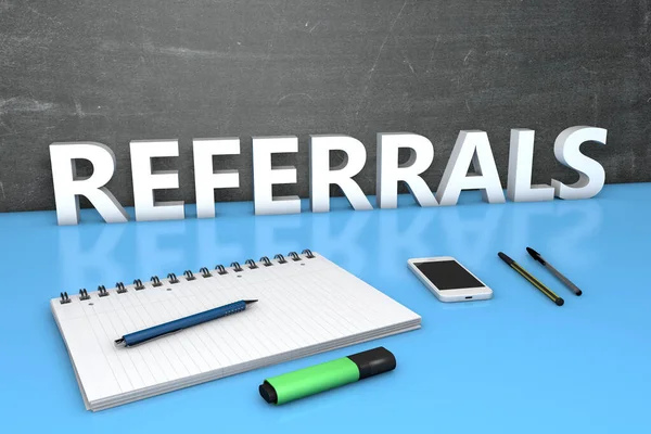 Referrals Text Concept Chalkboard Notebook Pens Mobile Phone Render Illustration — Stock Photo, Image