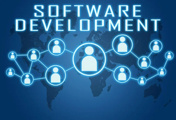 Desenvolvimento Software Conceito Texto Fundo Azul Com Mapa Mundo Ícones — Fotografia de Stock