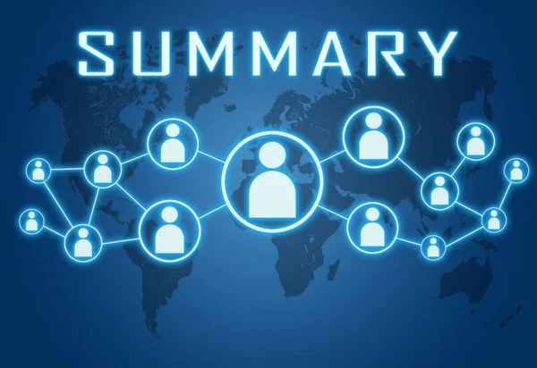 Podsumowanie Koncepcja Tekstu Niebieskim Tle Mapą Świata Ikonami Społecznymi — Zdjęcie stockowe
