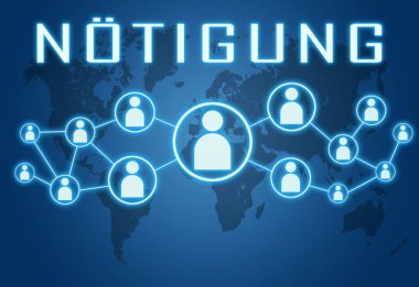 Noetigung - Baskı ya da baskı için Almanca kelime - dünya haritası ve sosyal simgelerle mavi arkaplan üzerine metin kavramı.