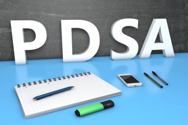 PDSA - Çalışma Planı - karatahta, defter, kalem ve cep telefonlu metin kavramı. 3 Boyutlu resimleme.