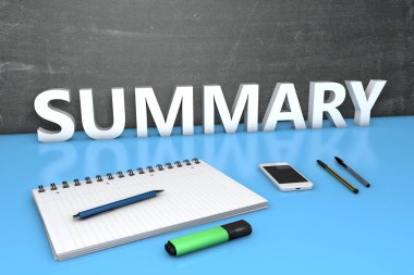 Özet - karatahta, defter, kalem ve cep telefonlu metin kavramı. 3 Boyutlu resimleme.