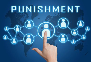 Ceza - mavi dünya haritası arka planında elle basılan sosyal simgeler içeren metin kavramı.