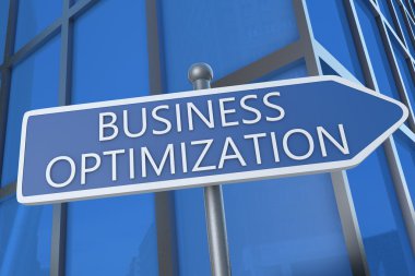 Business Optimization - illustration with street sign in front of office building.
