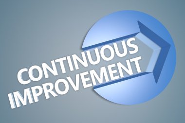 Continuous Improvement - text 3d render illustration concept with a arrow in a circle on blue-grey background