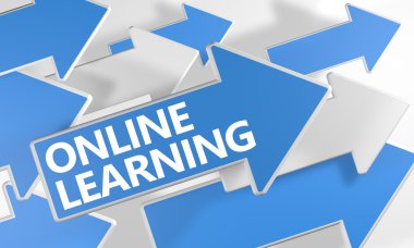 Online Learning 3d render concept with blue and white arrows flying over a white background.