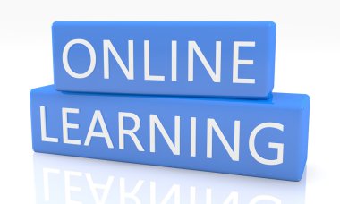 Online Learning - 3d render blue box with text on it on white background with reflection
