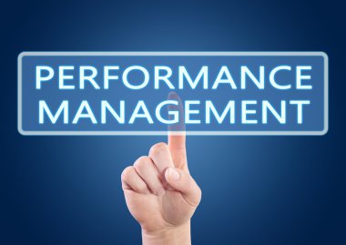 Performance Management - hand pressing button on interface with blue background.