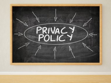 Privacy Policy - 3d render illustration of text on black chalkboard in a room.