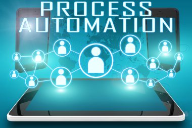 Process Automation - text illustration with social icons and tablet computer and mobile cellphones on cyan digital world map background.