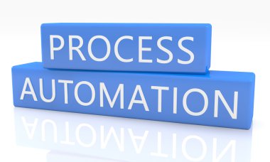 Process Automation - 3d render blue box with text on it on white background with reflection
