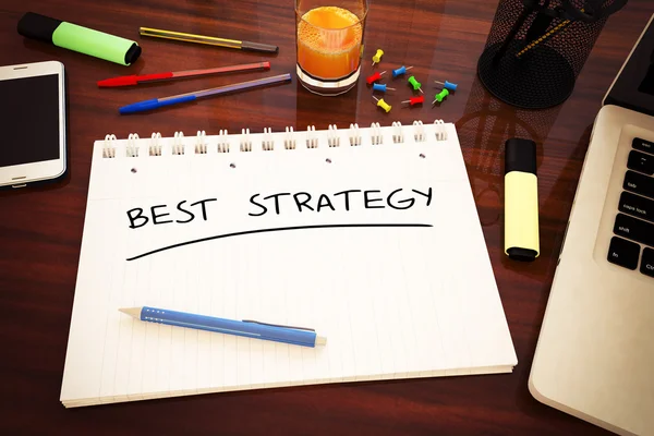Legjobb stratégia - egy notebook, egy íróasztal - 3d render illusztrációja a kézzel írt szöveg. — Stock Fotó