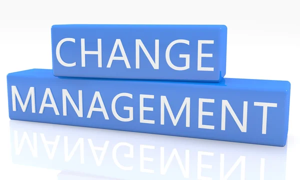 Change Management - 3D-Renderer blauer Rahmen mit Text darauf auf weißem Hintergrund mit Reflexion — Stockfoto