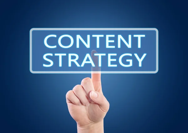 Content Strategy - hand pressing button on interface with blue background. — Stockfoto