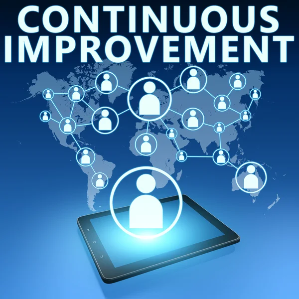 Continuous Improvement illustration with tablet computer on blue background — Stock Photo, Image