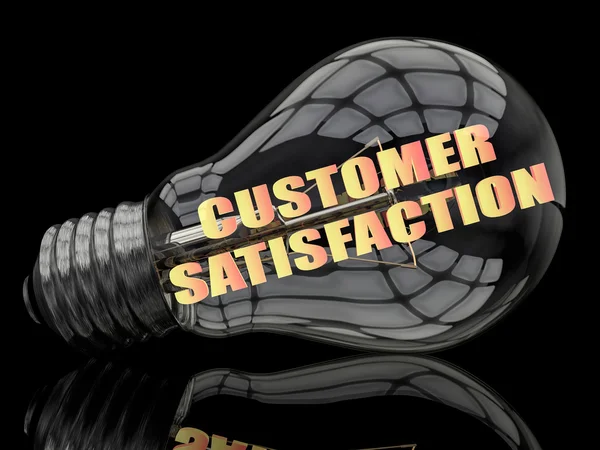 Customer Satisfaction - lightbulb on black background with text in it. 3d render illustration. — ストック写真