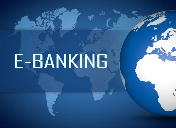 E-Banking concept with globe on blue world map background — Φωτογραφία Αρχείου