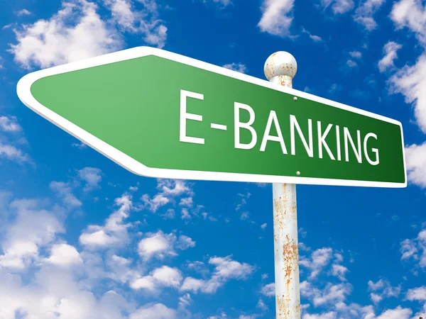 E-Banking - street sign illustration in front of blue sky with clouds. — Stockfoto