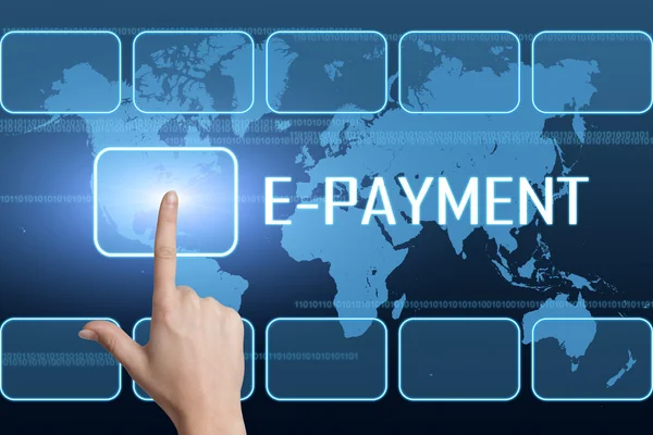 E-Payment-Konzept mit Schnittstelle und Weltkarte auf blauem Hintergrund — Stockfoto