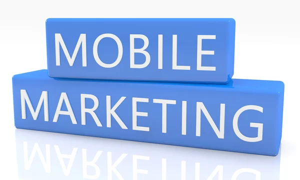 Marketing móvel - 3D renderizar caixa azul com texto sobre ele em fundo branco com reflexão — Fotografia de Stock
