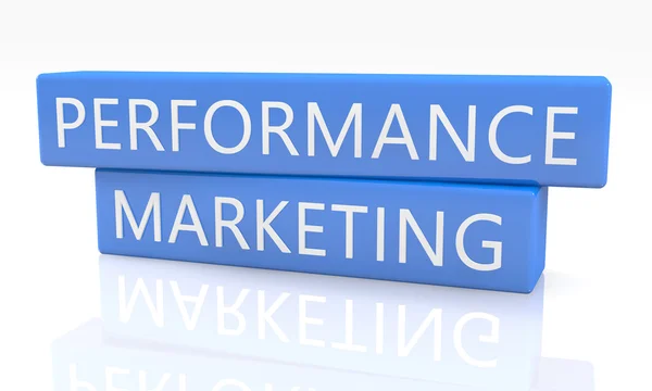 Performance Marketing - 3d render blue box with text on it on white background with reflection — ストック写真