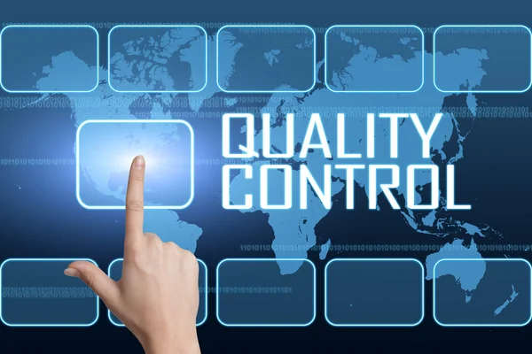 Quality Control concept with interface and world map on blue background — Stock Photo, Image