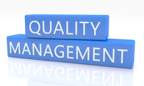 Quality Management - 3d render blue box with text on it on white background with reflection — Φωτογραφία Αρχείου