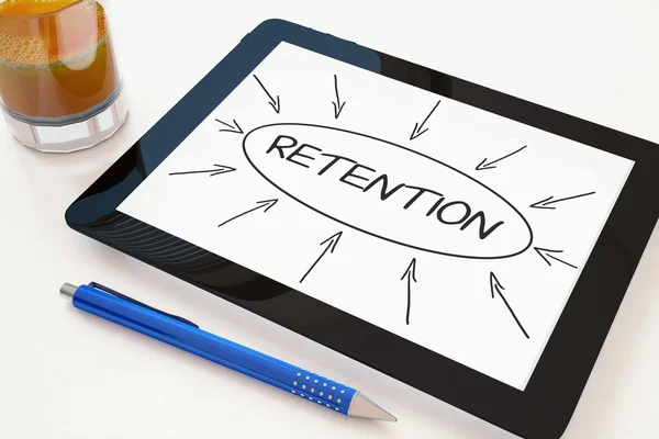 Retention - text concept on a mobile tablet computer on a desk - 3d render illustration. — Stock fotografie