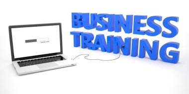 Business Training - laptop notebook computer connected to a word on white background. 3d render illustration.