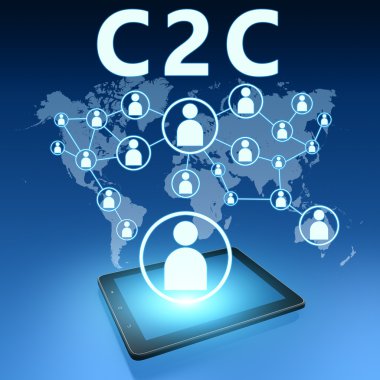 C2c konsept illüstrasyon mavi zemin üzerine tablet bilgisayar ile