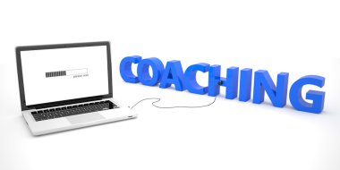 Coaching - laptop notebook computer connected to a word on white background. 3d render illustration.