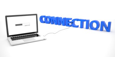 Connection - laptop notebook computer connected to a word on white background. 3d render illustration.